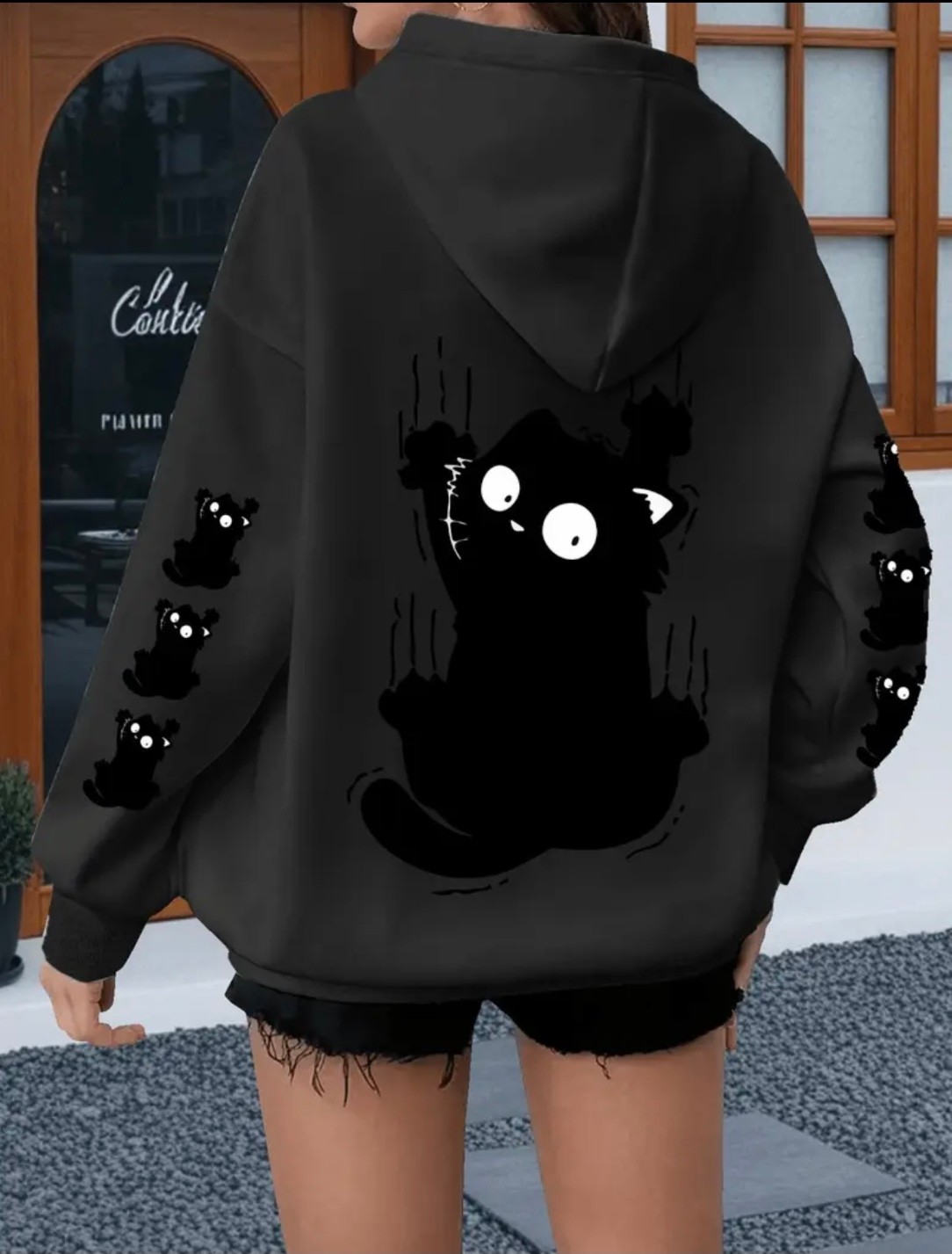 Punix Punıx Büyük Beden Özel Seri Kapüşonlu Siyah Kedi Kol Sırt Baskılı Oversize Modern Kadın Sweatshırt