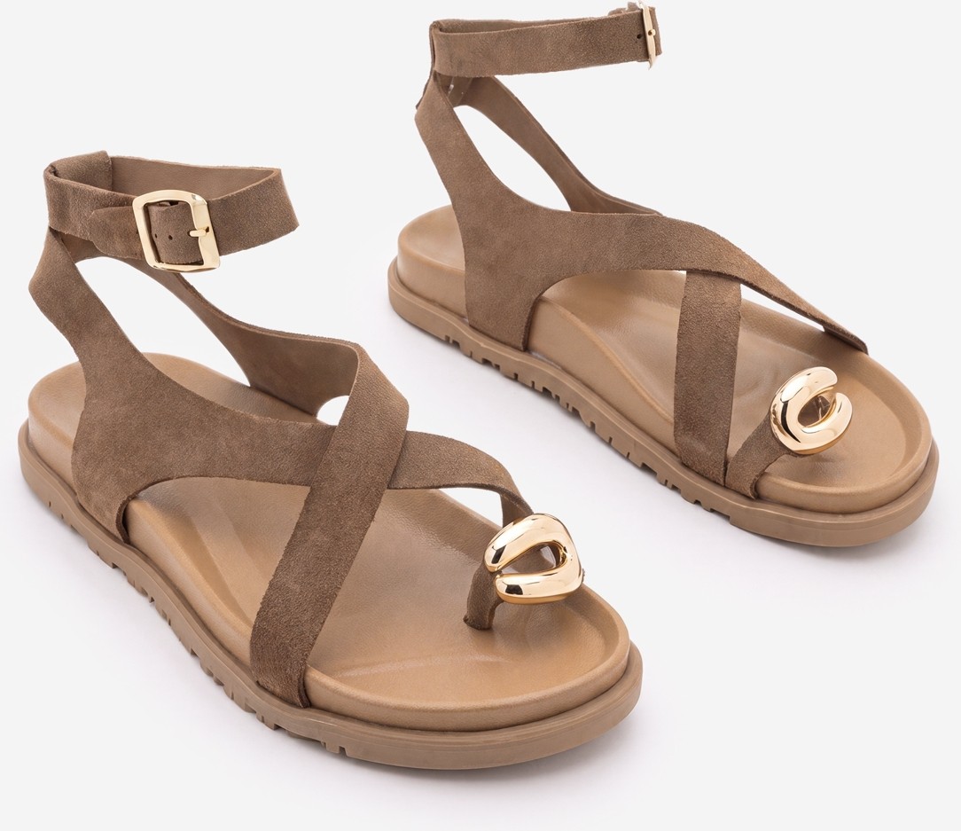 Marjin Kadın Hakiki Deri Yüzük Detaylı Parmak Arası Günlük Sandalet Rolise Camel Süet görsel 7