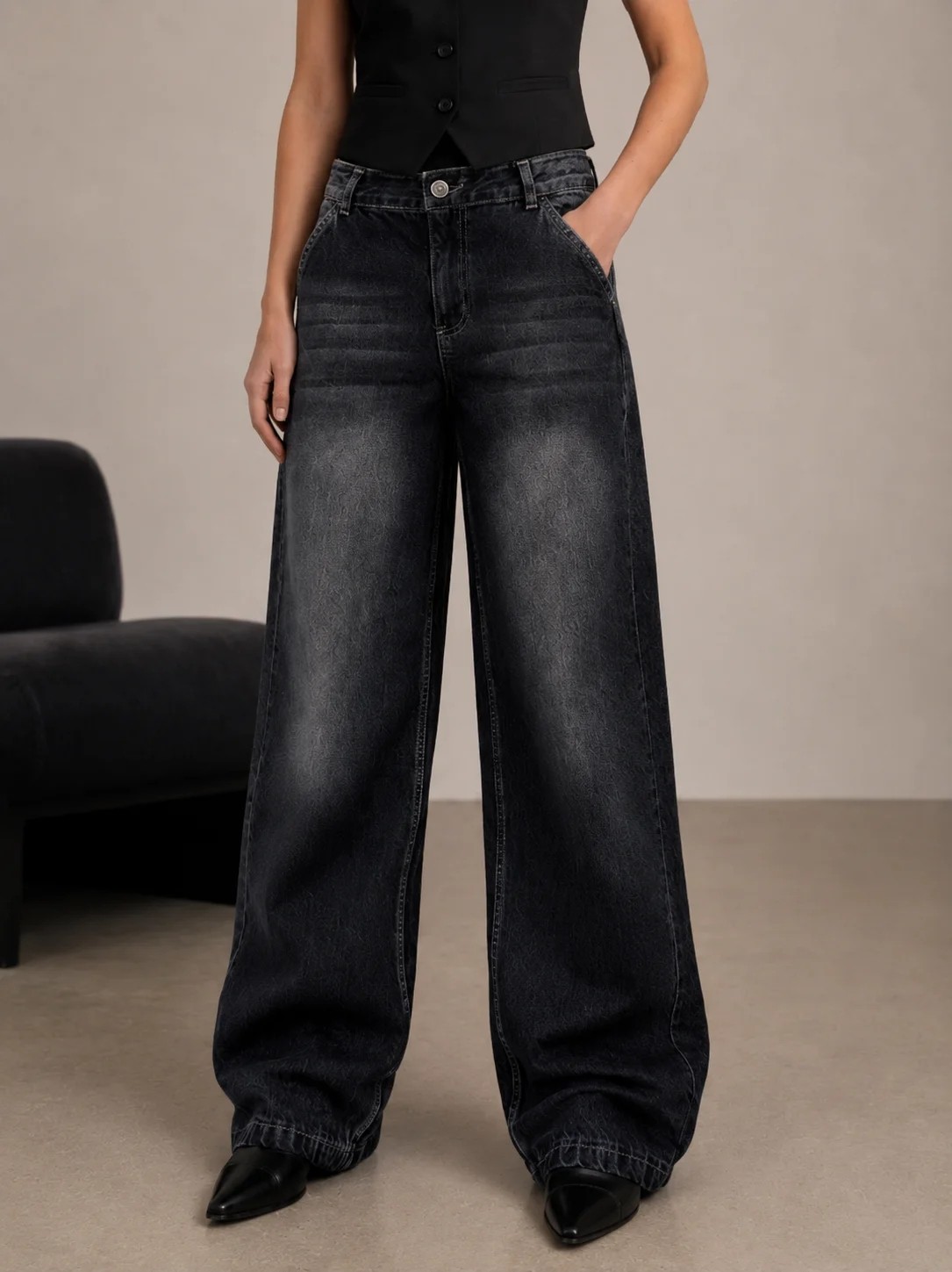 Shevega Kadın Füme Bol Paça Palazzo Denim Salaş Wide Leg Jeans Kot Pantolon