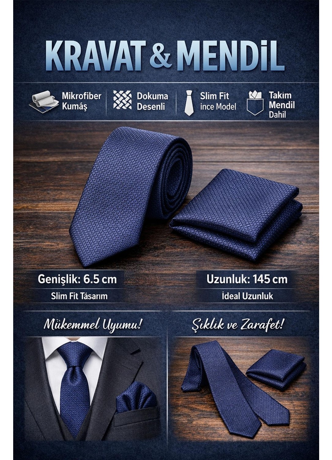 Gaffy Siyah Küp Desenli Yeşil Dokuma Kumaş Mendilli Slim Fit Kravat // SDK-2605-8 görsel 5