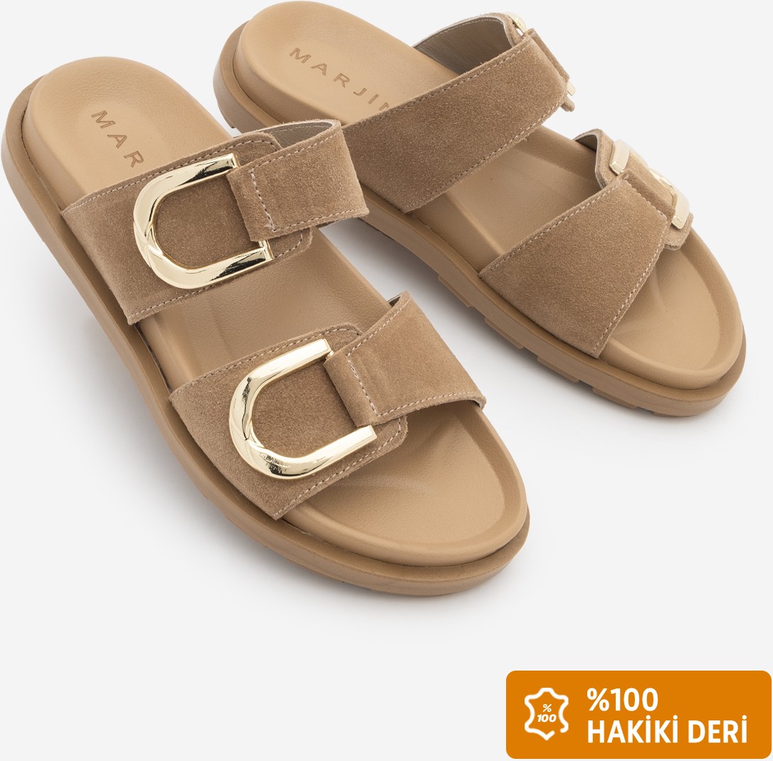 Marjin Kadın Günlük Terlik Deri Camel Renk Altın Toka Detaylı Konforlu Kullanım