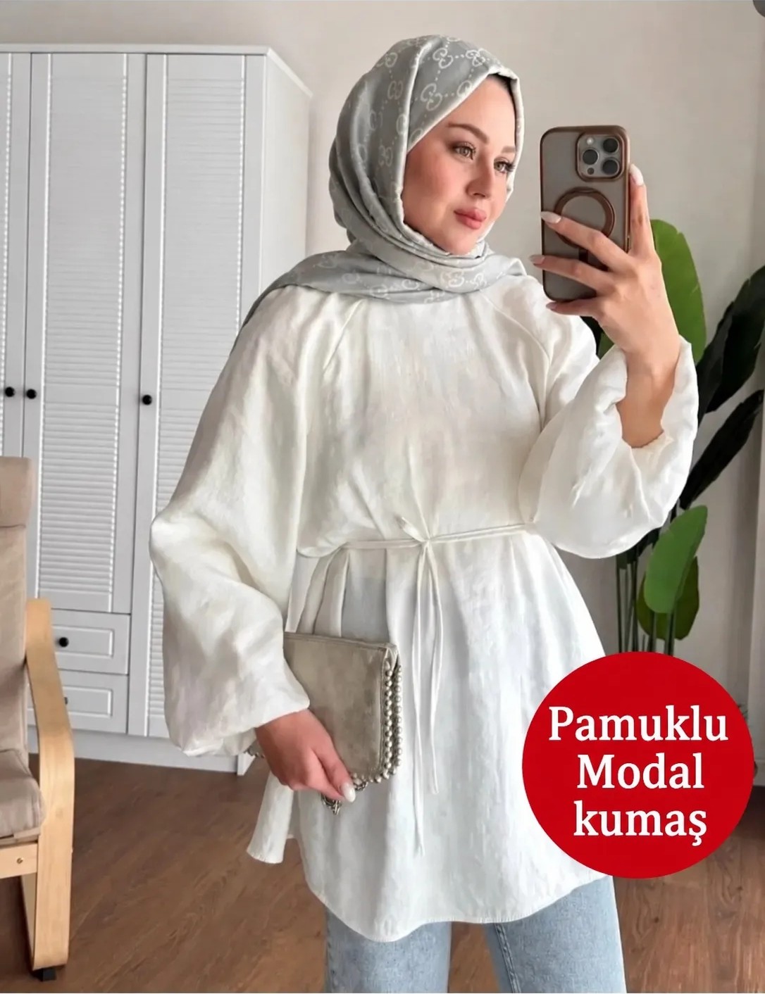 Moonsc Kadın Balon Kol Bel Bağlamalı Tesettür Tunik Modal Kumaş Haki