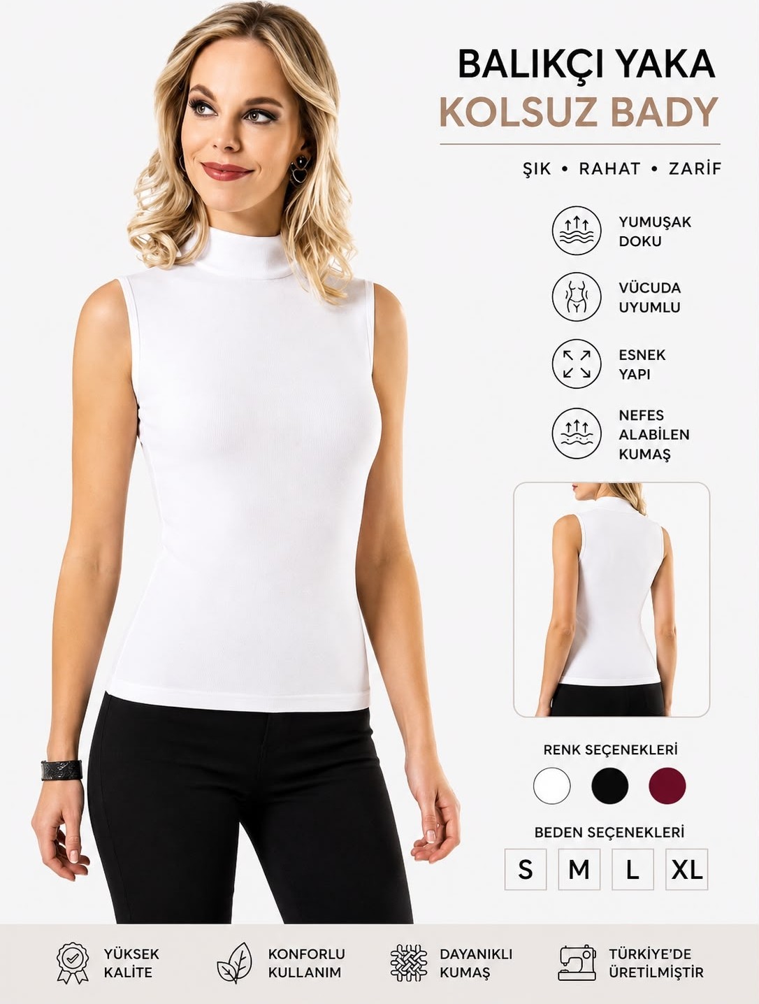 Qulat Kota Kadın Balıkçı Yaka Kolsuz Body | Basic Esnek Yumuşak Kumaş