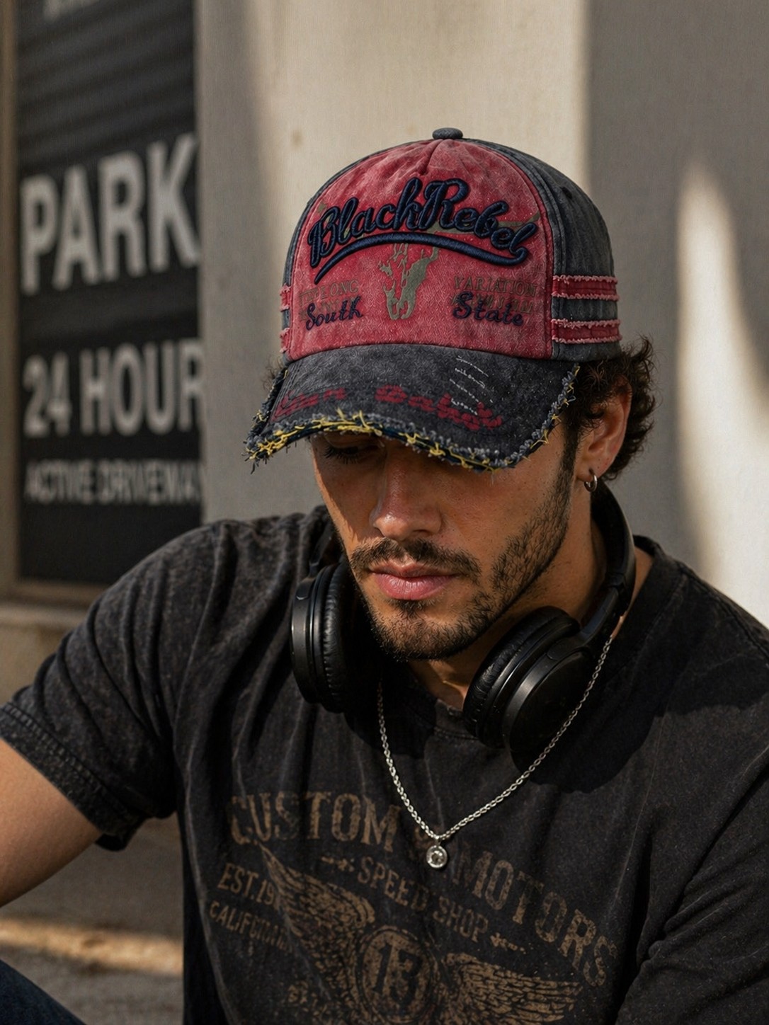 CosmoOutlet Erkek Vintage Eskitme Şapka Black Rebel Nakışlı Ayarlanabilir Tokalı Baseball Cap görsel 3