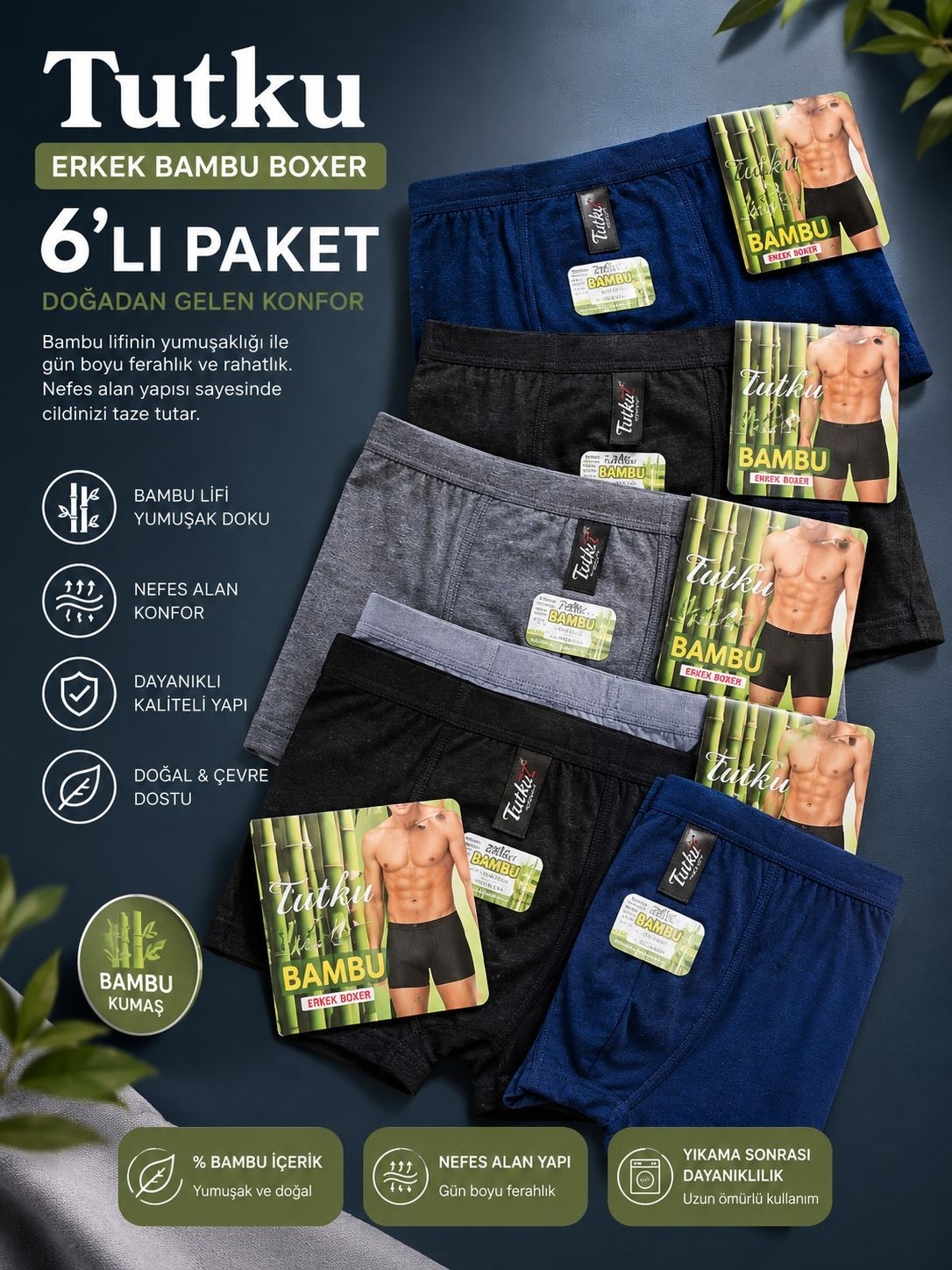 Tutku Elit Erkek Bambu Elastan Likralı Boxer 6'lı Paket görsel 5