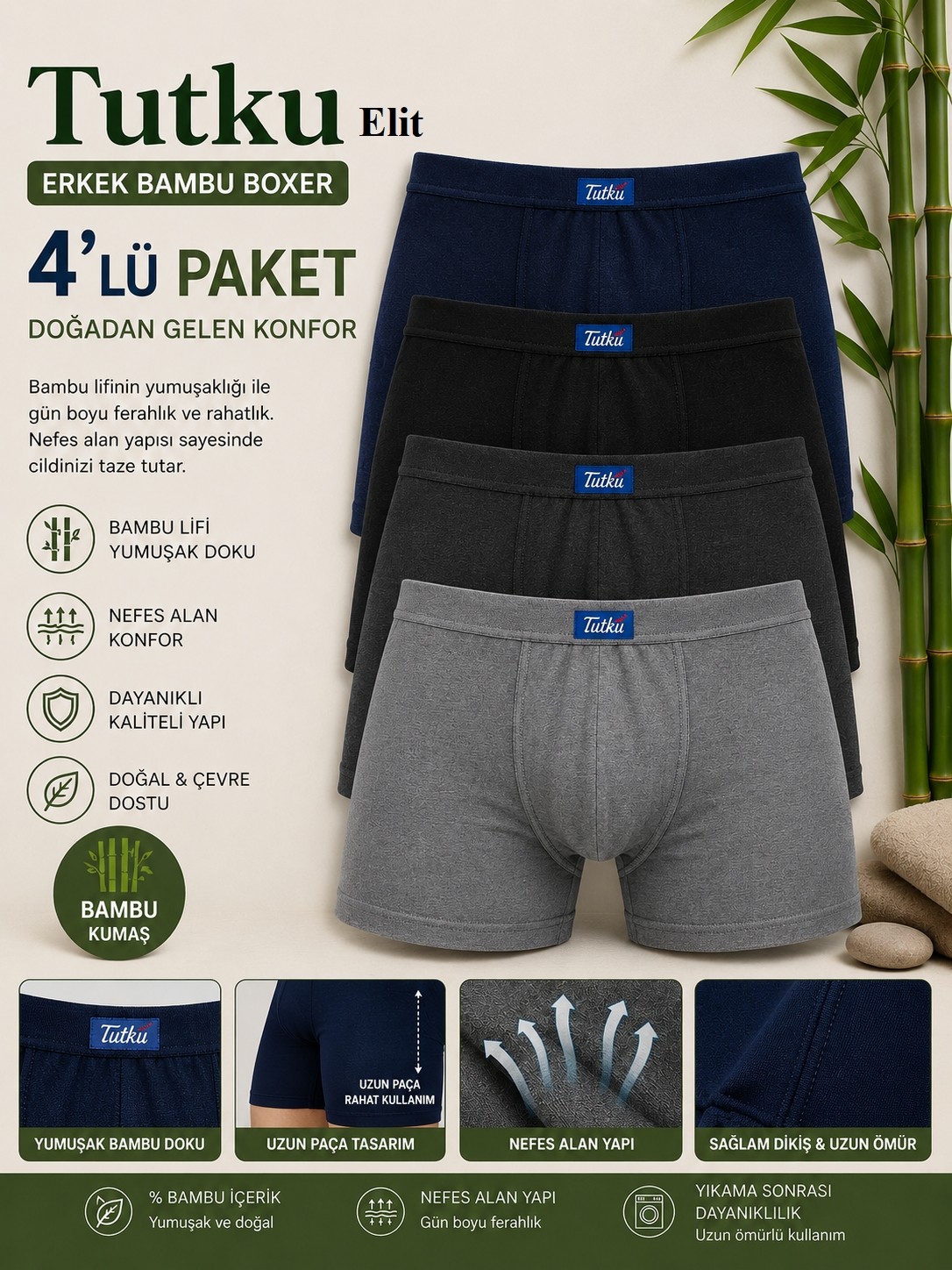 Tutku Elit 1254 Erkek Boxer Bambu Elastan Yumuşak Doku Konforlu Karışık Boxer 4 Lü Paket görsel 2