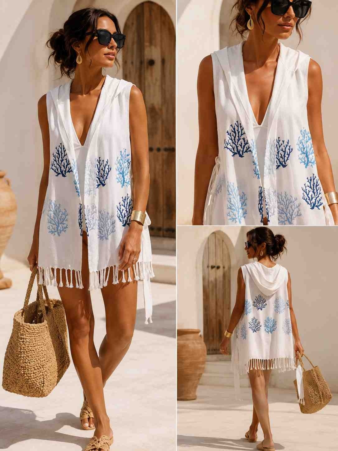 Caspara Kadın Marin Blue Viskon Plaj Elbisesi I Organik Pamuklu Pareo Kapüşonlu Beachwear Yelek Yazlık görsel 3