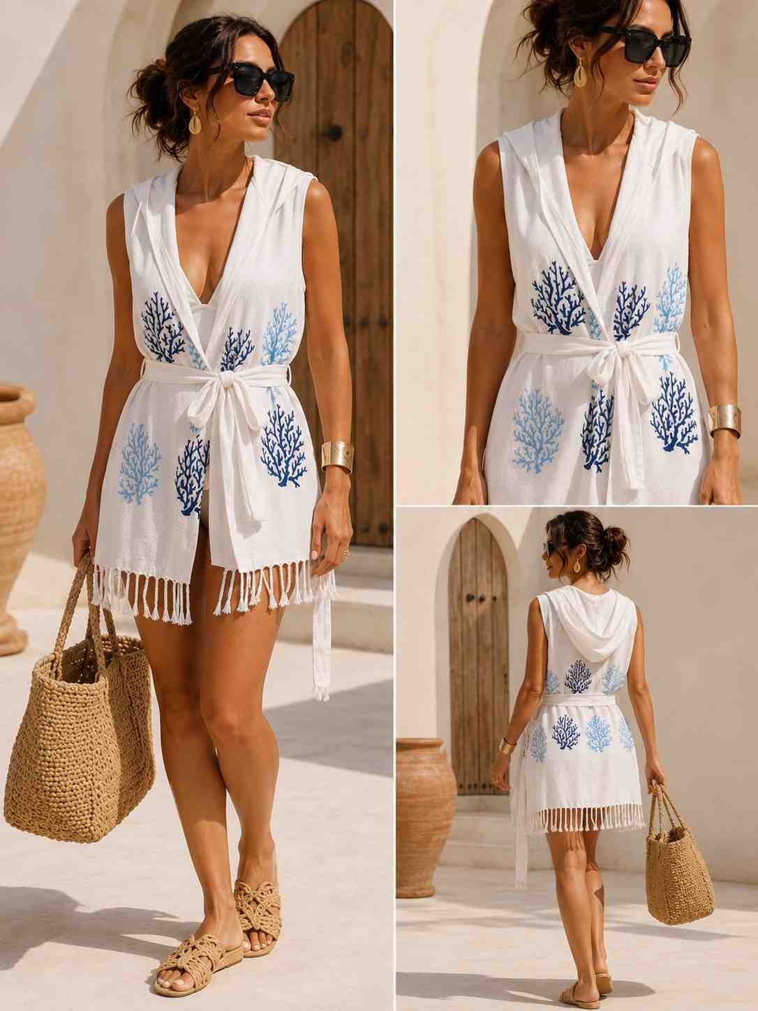 Caspara Kadın Marin Blue Viskon Plaj Elbisesi I Organik Pamuklu Pareo Kapüşonlu Beachwear Yelek Yazlık görsel 4