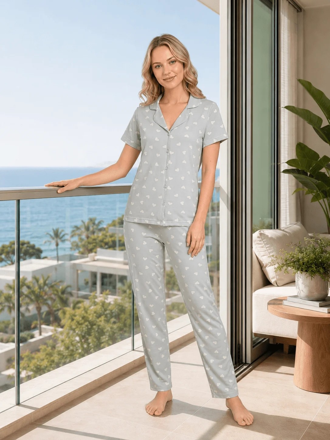 Kadın Yazlık Kalp Desenli Boydan Düğmeli Kısa Kollu Pijama Takımı Alperi 78-111
