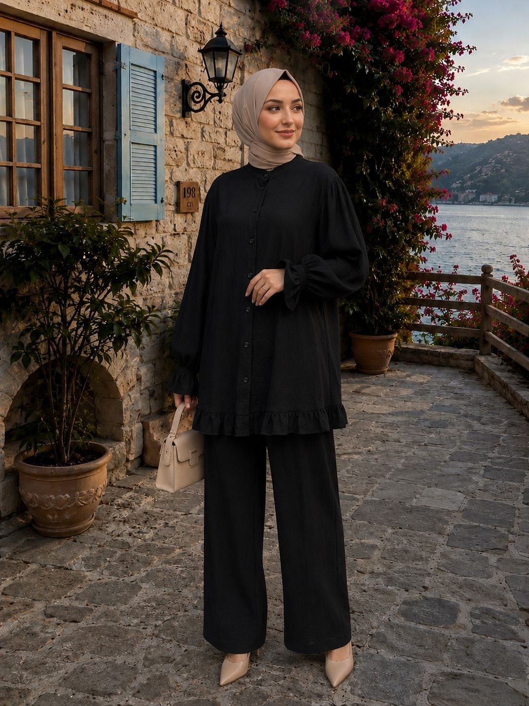 SFG Life Moda Kadın Çilek Kumaş Dik Yaka Düğmeli Fırfır Detaylı Tesettür Tunik Pantolon Ikili Takım görsel 6