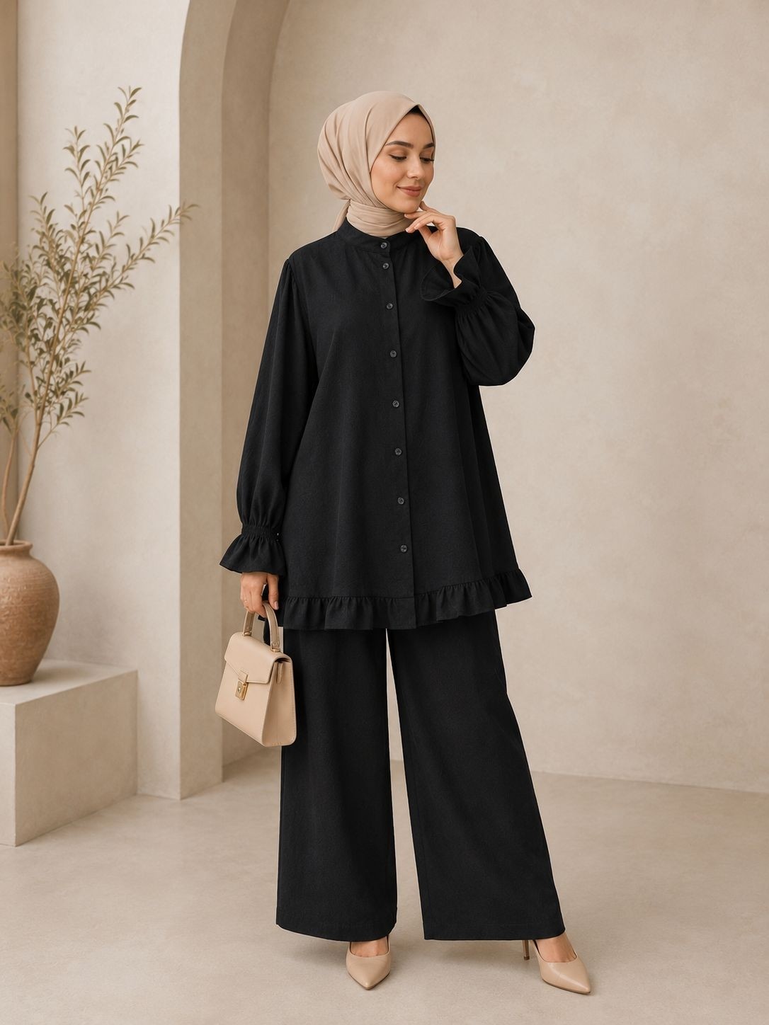 SFG Life Moda Kadın Çilek Kumaş Dik Yaka Düğmeli Fırfır Detaylı Tesettür Tunik Pantolon Ikili Takım görsel 8