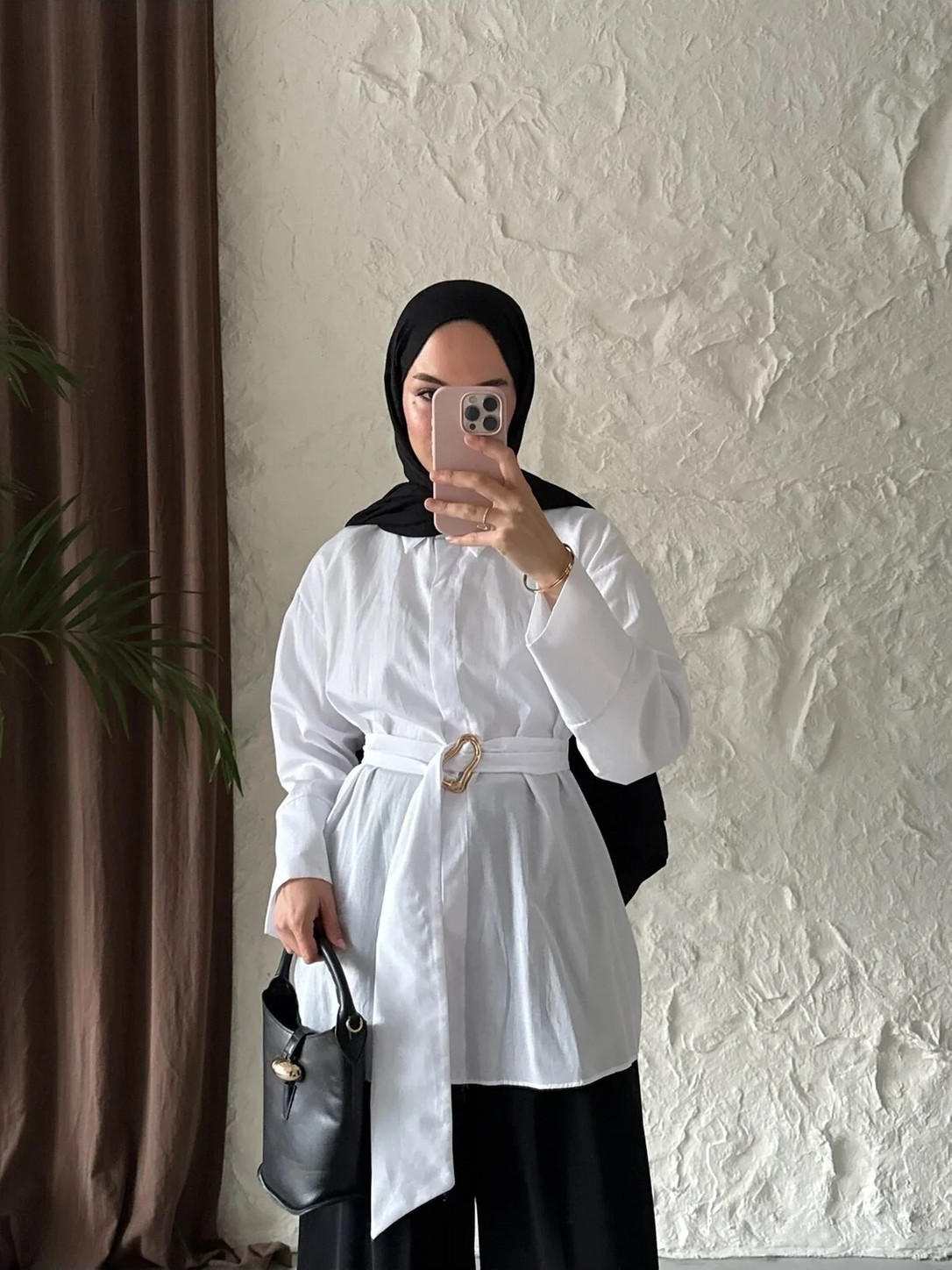 Moonsc Kadın Kuşağı Toka Detaylı Bel Bağlamalı Standart Beden Pembe Tesettür Gömlek görsel 2