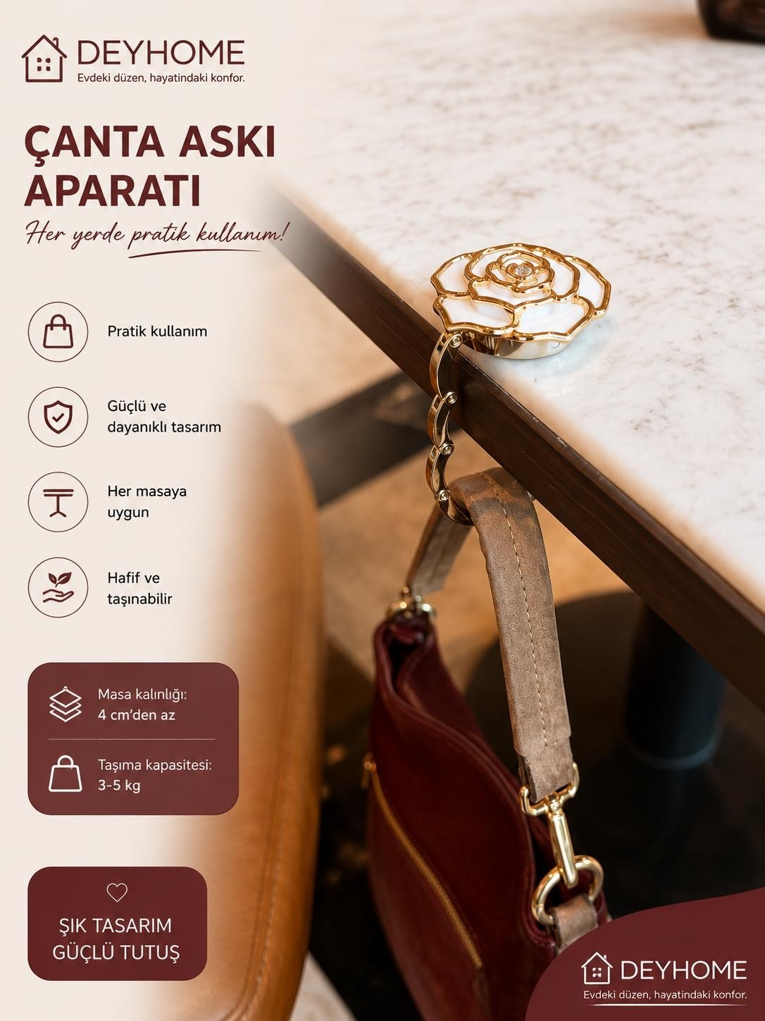 deyhome Katlanabilir Çanta Askısı Gül Tasarımlı Masa Kenarı Çanta Tutucu Askı Aparatı Kadın Çanta Kancası görsel 5