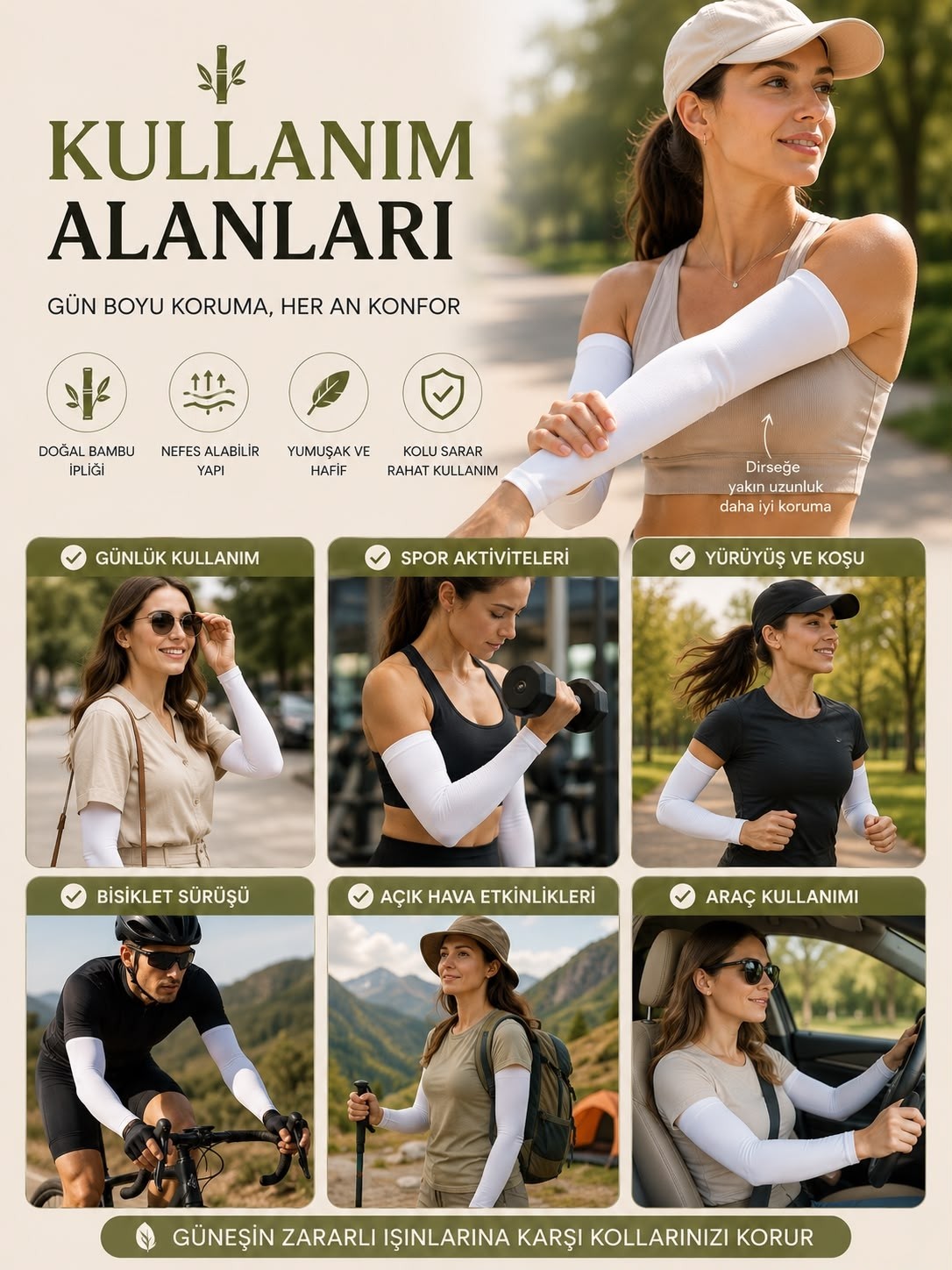 İnderin Beyaz Bambu Kolluk 1 Çift Nefes Alan Esnek Kol Koruyucu görsel 4