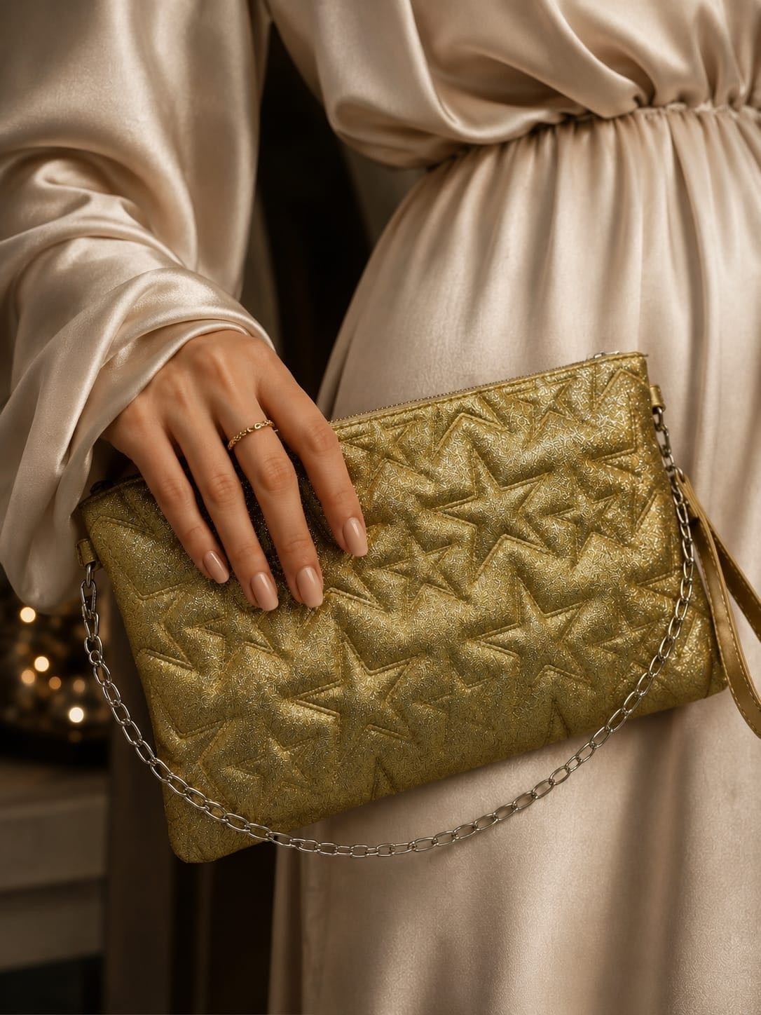 YNS Collection Yş collection Gold Simli Yıldız Desenli Kadın Abiye El Çantası Zincir Askılı Portföy Gece Çantası