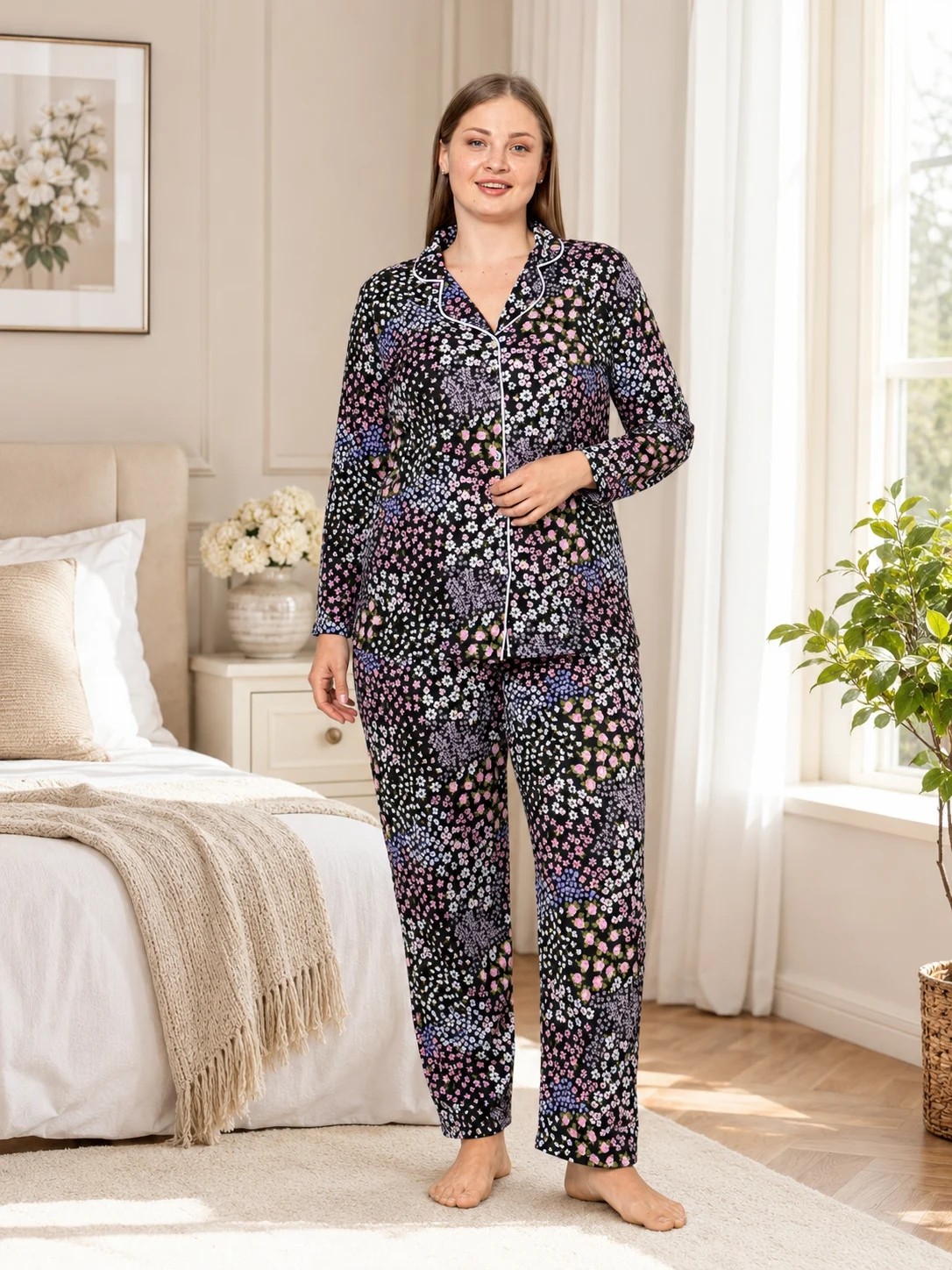 Büyük Beden Kadın Viskon Boydan Düğmeli Pijama Takımı 3xl-4xl-5xl-6xl | Yazlık Rahat Ev Giyim B79-90