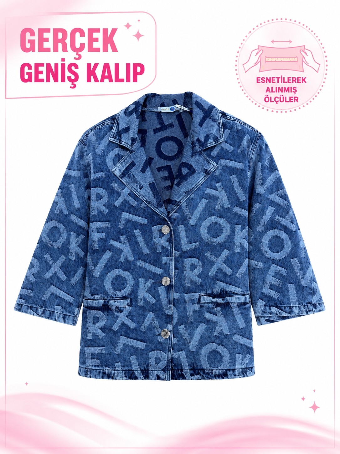 Trieste Wear Büyük Beden Yakalı Düğmeli Geniş Kol Harf Baskı Desenli Denim Kadın Ceket görsel 2