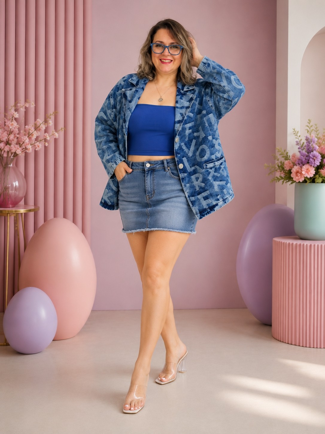 Trieste Wear Büyük Beden Yakalı Düğmeli Geniş Kol Harf Baskı Desenli Denim Kadın Ceket görsel 8