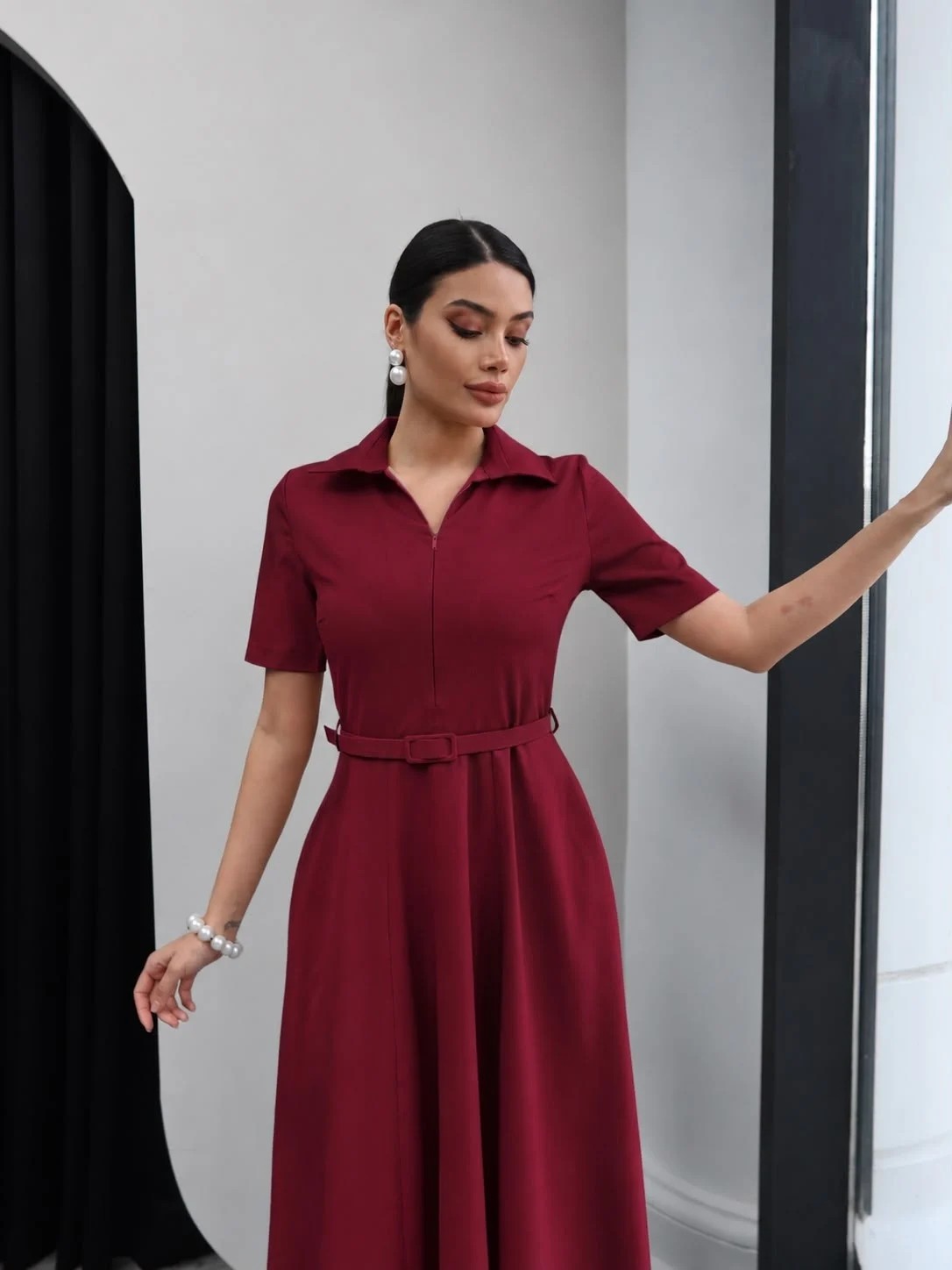 Moda Durağı Princess Gömlek Yaka Kemer Detaylı Elbise Bordo görsel 3