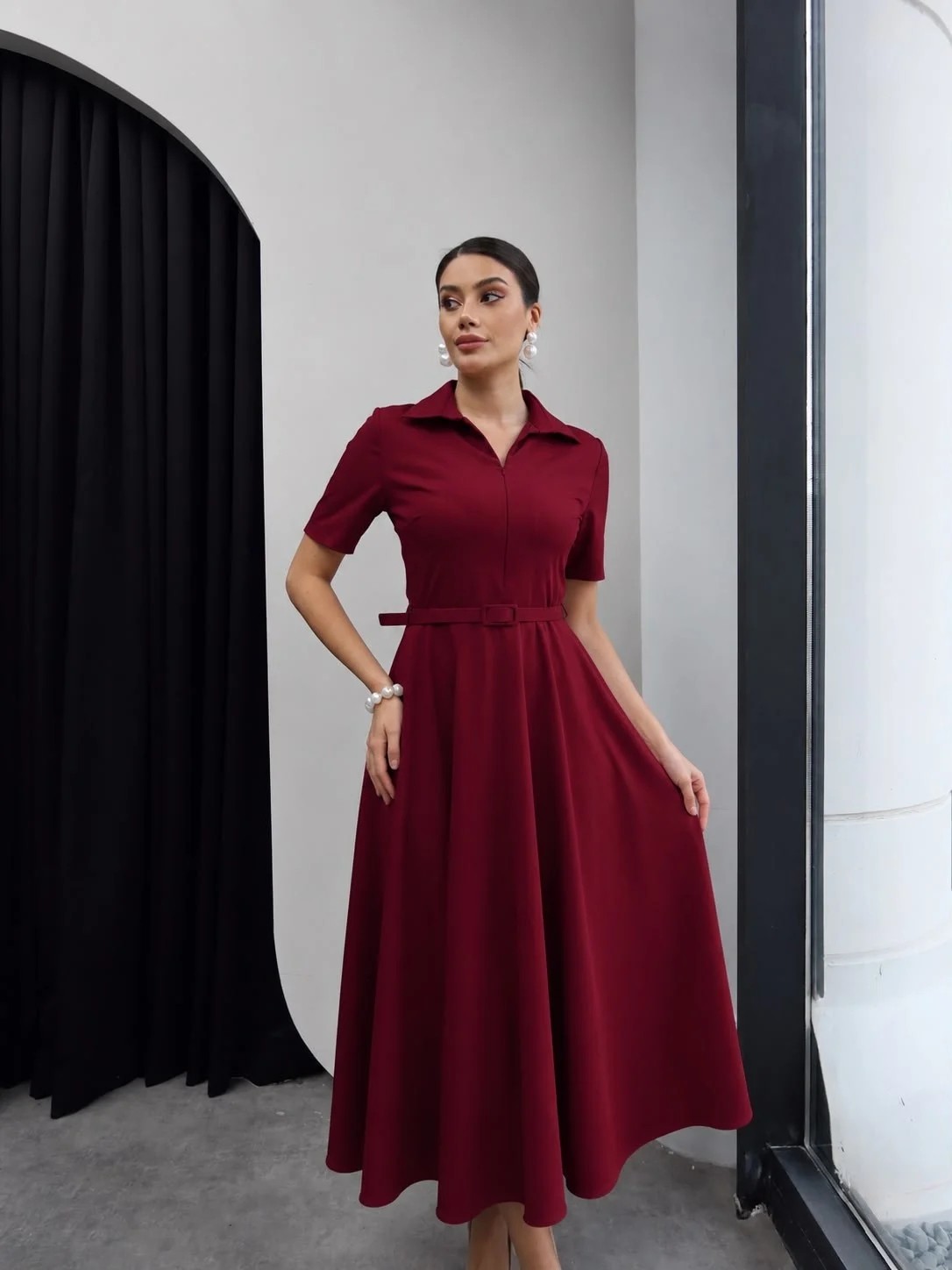 Moda Durağı Princess Gömlek Yaka Kemer Detaylı Elbise Bordo görsel 4