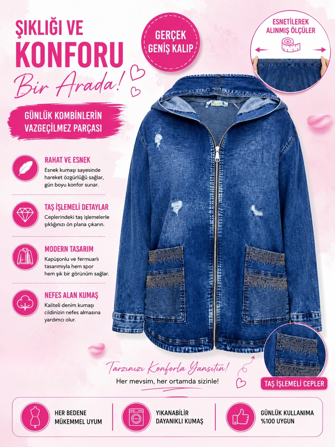 Trieste Wear Büyük Beden Kapüşonlu Fermuarlı Ön Cepli Denim Kadın Ceket görsel 2