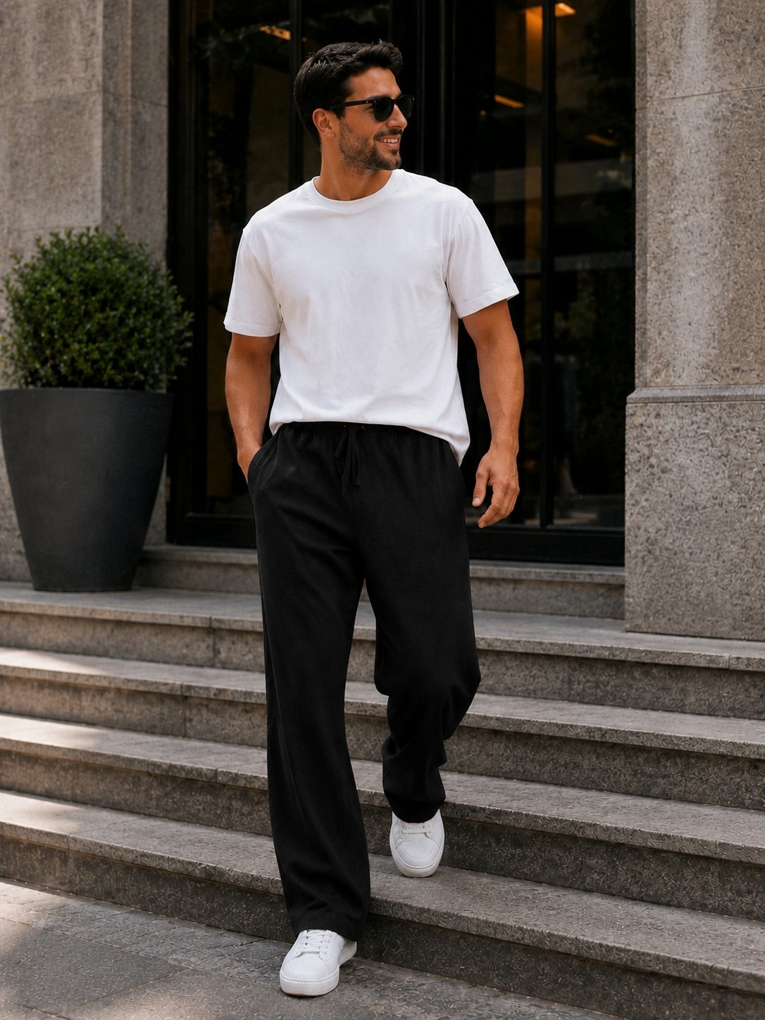 We&Me Erkek Keten Pantolon Baggy Kalıp Lastikli Belli Bağcıklı Yazlık Günlük Rahat Pantolon