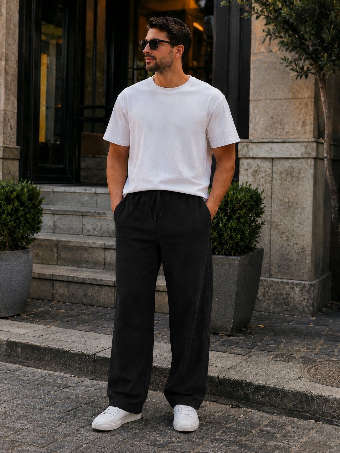 We&Me Erkek Keten Pantolon Baggy Kalıp Lastikli Belli Bağcıklı Yazlık Günlük Rahat Pantolon görsel 4