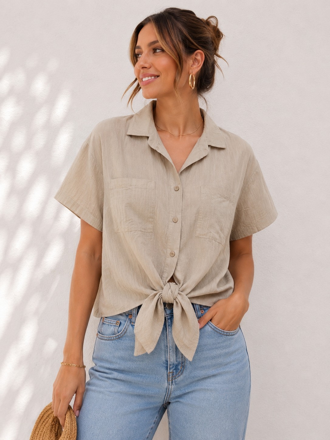 Basics & More Kadın Keten Görünümlü Çift Cepli Kısa Kollu Oversize Gömlek görsel 2