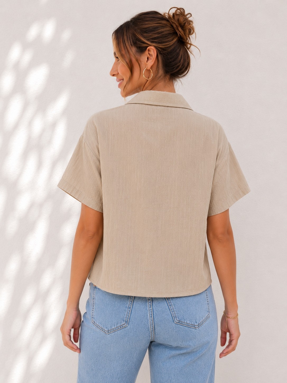 Basics & More Kadın Keten Görünümlü Çift Cepli Kısa Kollu Oversize Gömlek görsel 3