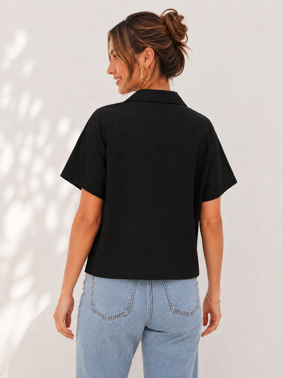 Basics & More Kadın Keten Görünümlü Çift Cepli Kısa Kollu Oversize Gömlek görsel 5