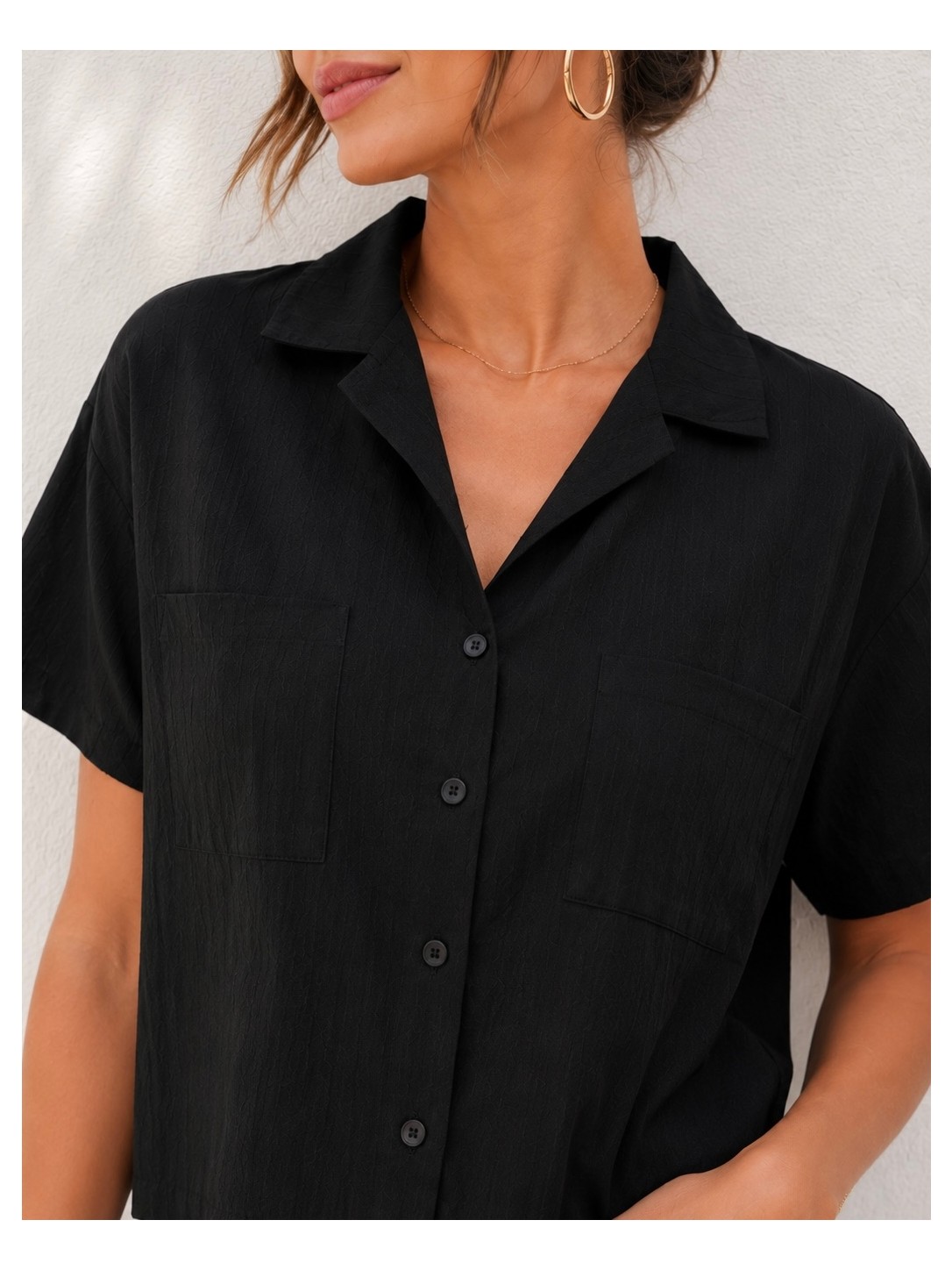 Basics & More Kadın Keten Görünümlü Çift Cepli Kısa Kollu Oversize Gömlek görsel 6