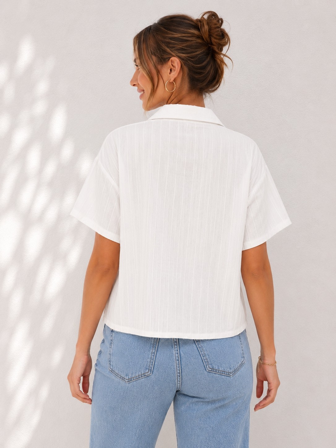 Basics & More Kadın Keten Görünümlü Çift Cepli Kısa Kollu Oversize Gömlek görsel 8