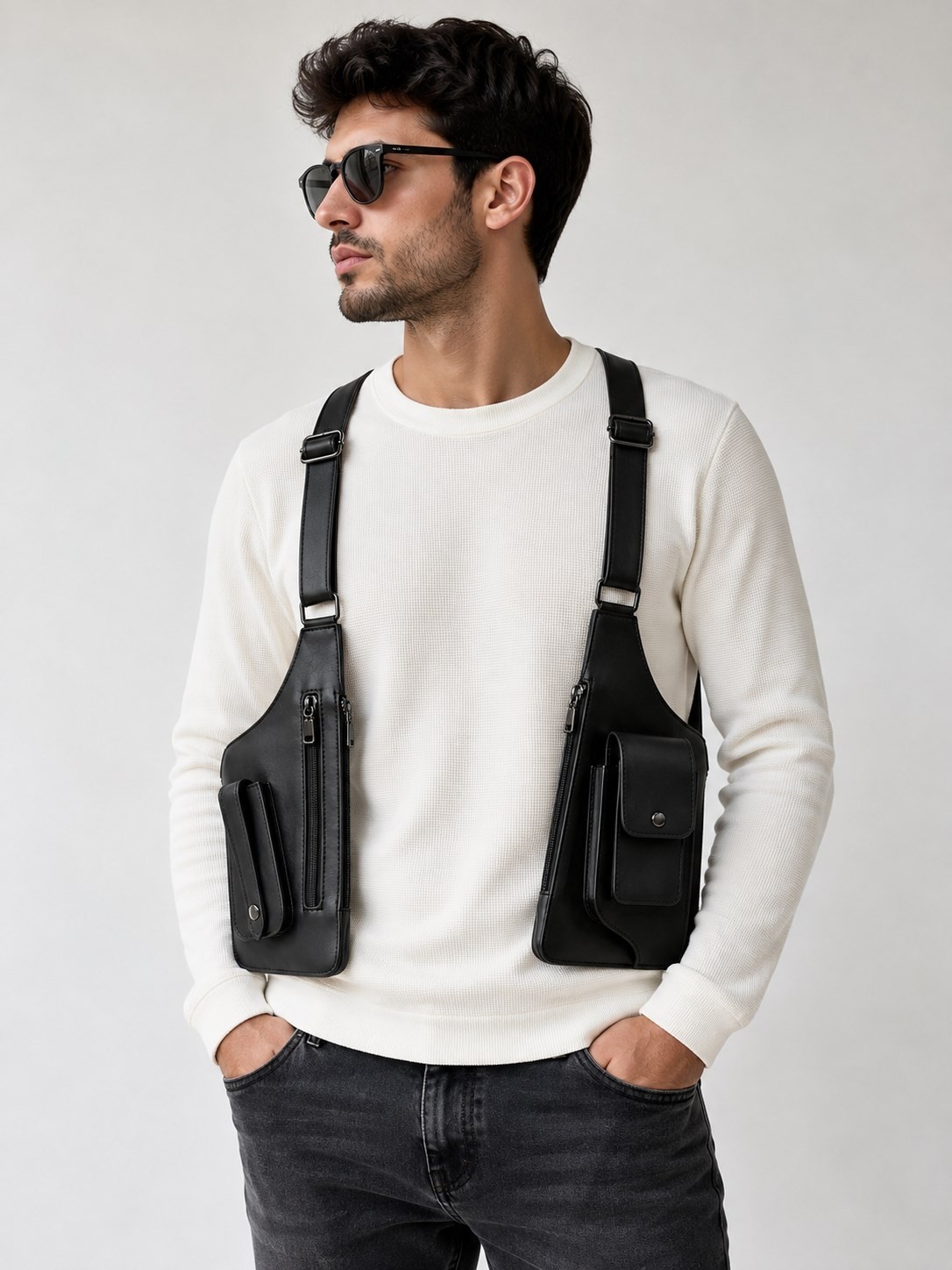 Newish Polo Erkek Siyah Vegan Deri Çapraz Askılı Çok Cepli Harness Göğüs Çantası - NEWPOLO424 görsel 4