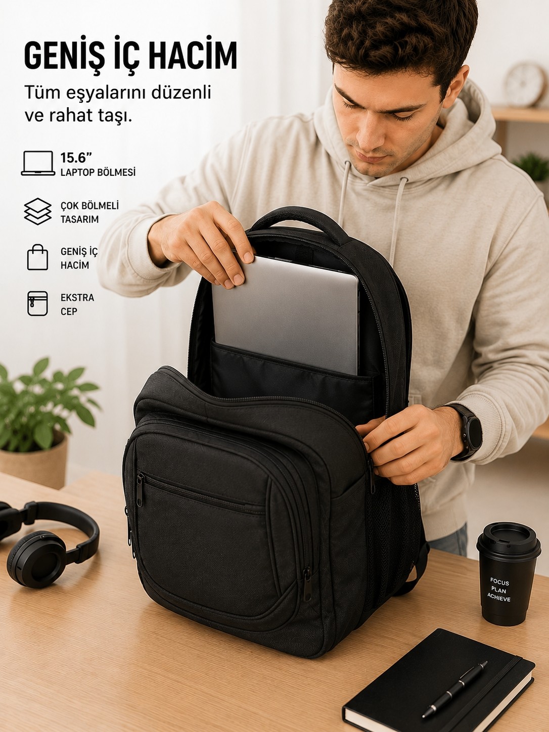 Gnc Design GNC DESİGN Siyah Unisex 15.6 Inç Laptop Bölmeli Su Geçirmez Sırt ve Seyahat Çantası görsel 3