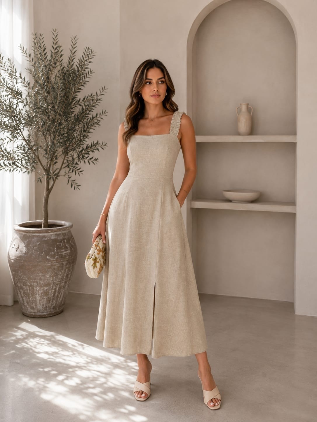 Konfor Moda Yeni Sezon Kadın Keten Kare Yaka Sırtı Bağlamalı Rahat Kesim Yırtmaçlı Elbise görsel 2