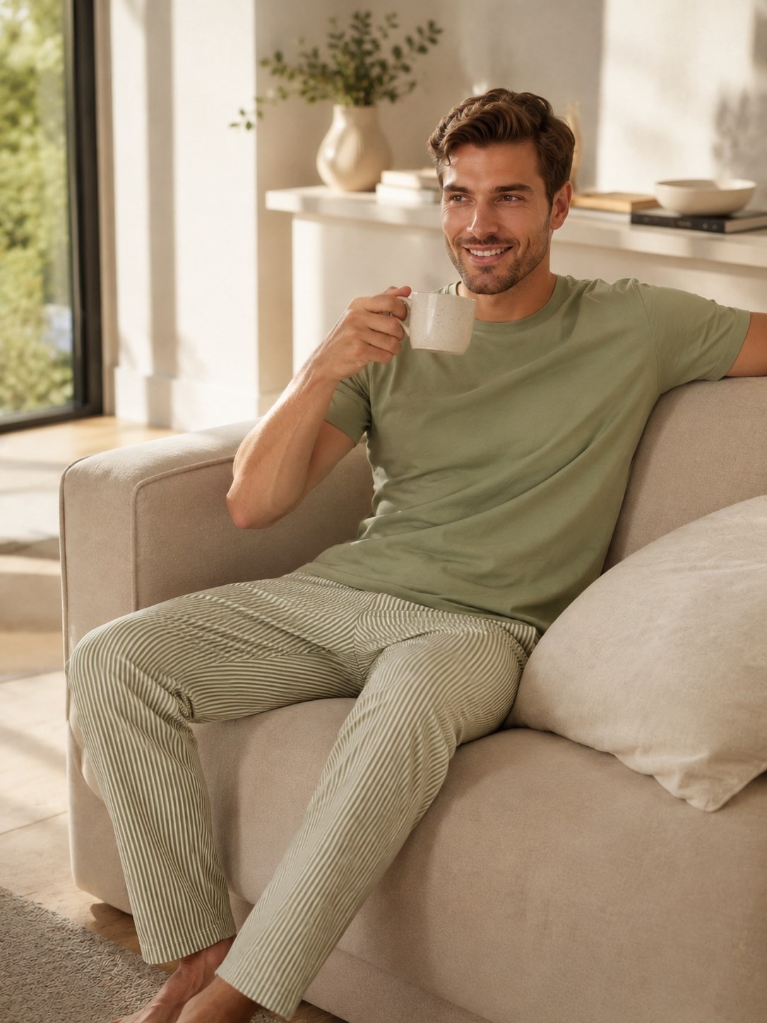 Guava Homewear Erkek Açık Yeşil Düğmesiz Bisiklet Yaka Çizgili Jakarlı Pamuk Likra Kısa Kol Cepli Pijama Takımı görsel 3