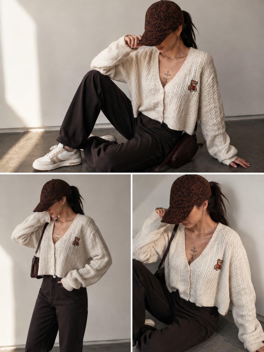 Mery Mery Boutique Kadın Trend Popüler Örgülü Kısa Hırka Ayı Işlemeli görsel 6