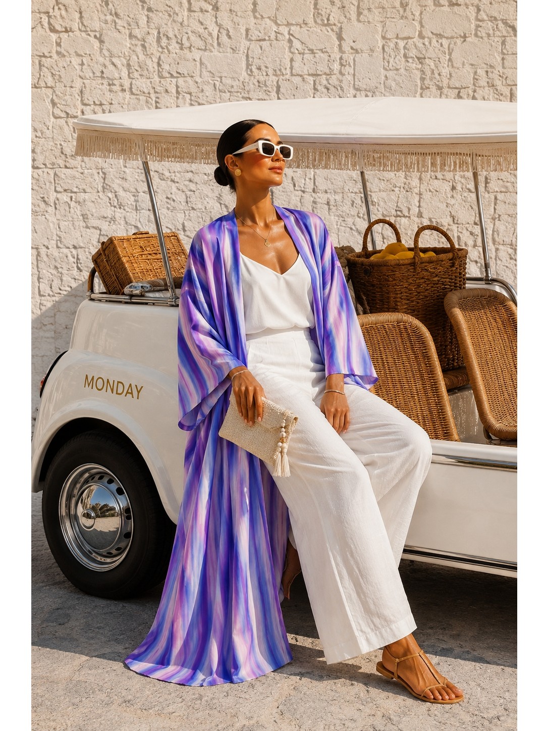 Qymos Prive Kadın Degrade Desenli Turkuaz Mavi Yeşil Desenli Şifon Kimono, Dökümlü Oversize Pareo Kimono Kaftan görsel 3