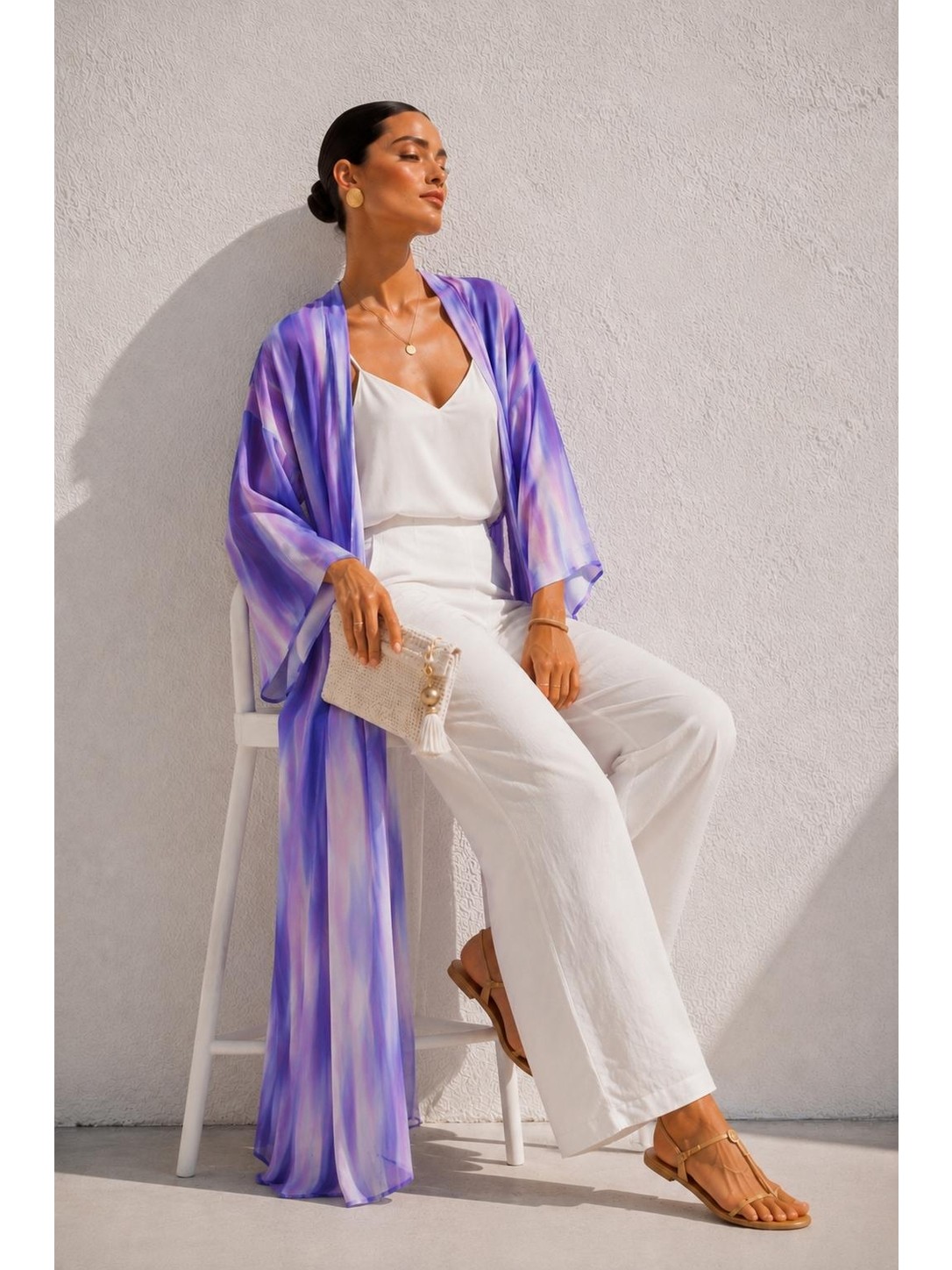 Qymos Prive Kadın Degrade Desenli Turkuaz Mavi Yeşil Desenli Şifon Kimono, Dökümlü Oversize Pareo Kimono Kaftan görsel 5