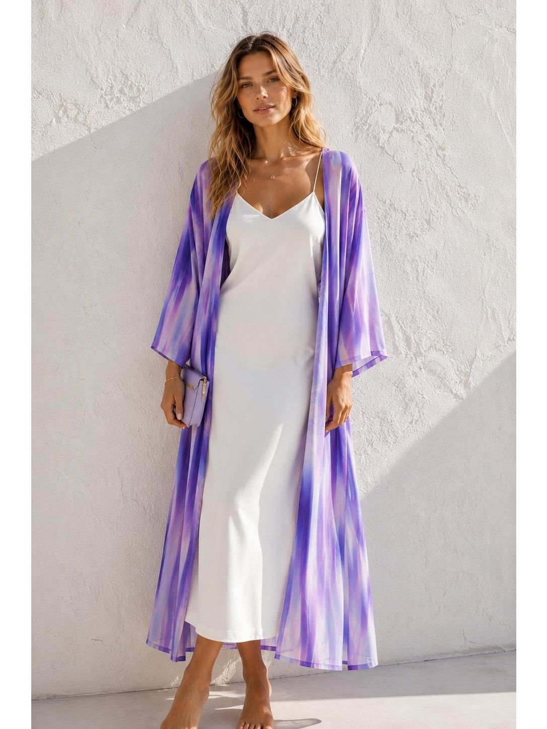 Qymos Prive Kadın Degrade Desenli Turkuaz Mavi Yeşil Desenli Şifon Kimono, Dökümlü Oversize Pareo Kimono Kaftan görsel 7