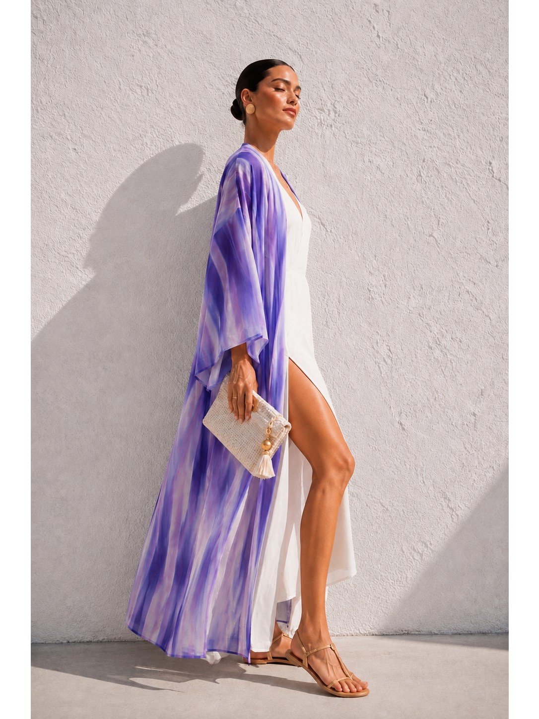 Qymos Prive Kadın Degrade Desenli Turkuaz Mavi Yeşil Desenli Şifon Kimono, Dökümlü Oversize Pareo Kimono Kaftan görsel 8