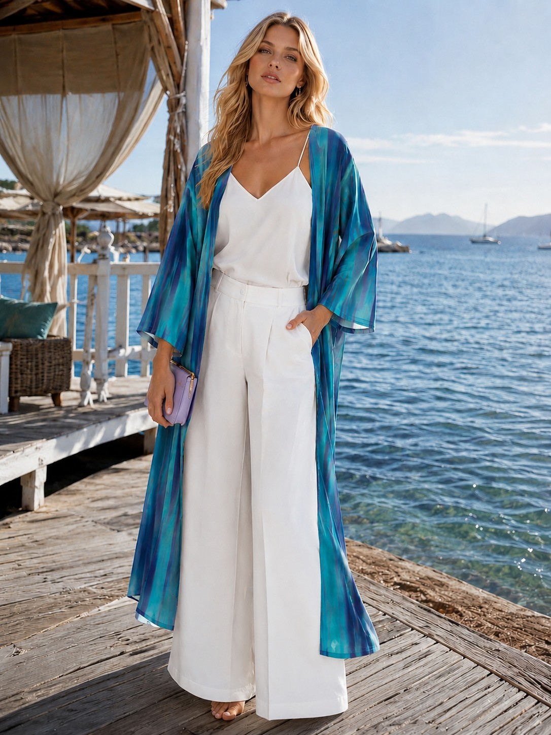 Qymos Prive Kadın Degrade Desenli Turkuaz Mavi Yeşil Desenli Şifon Kimono, Dökümlü Oversize Pareo Kimono Kaftan