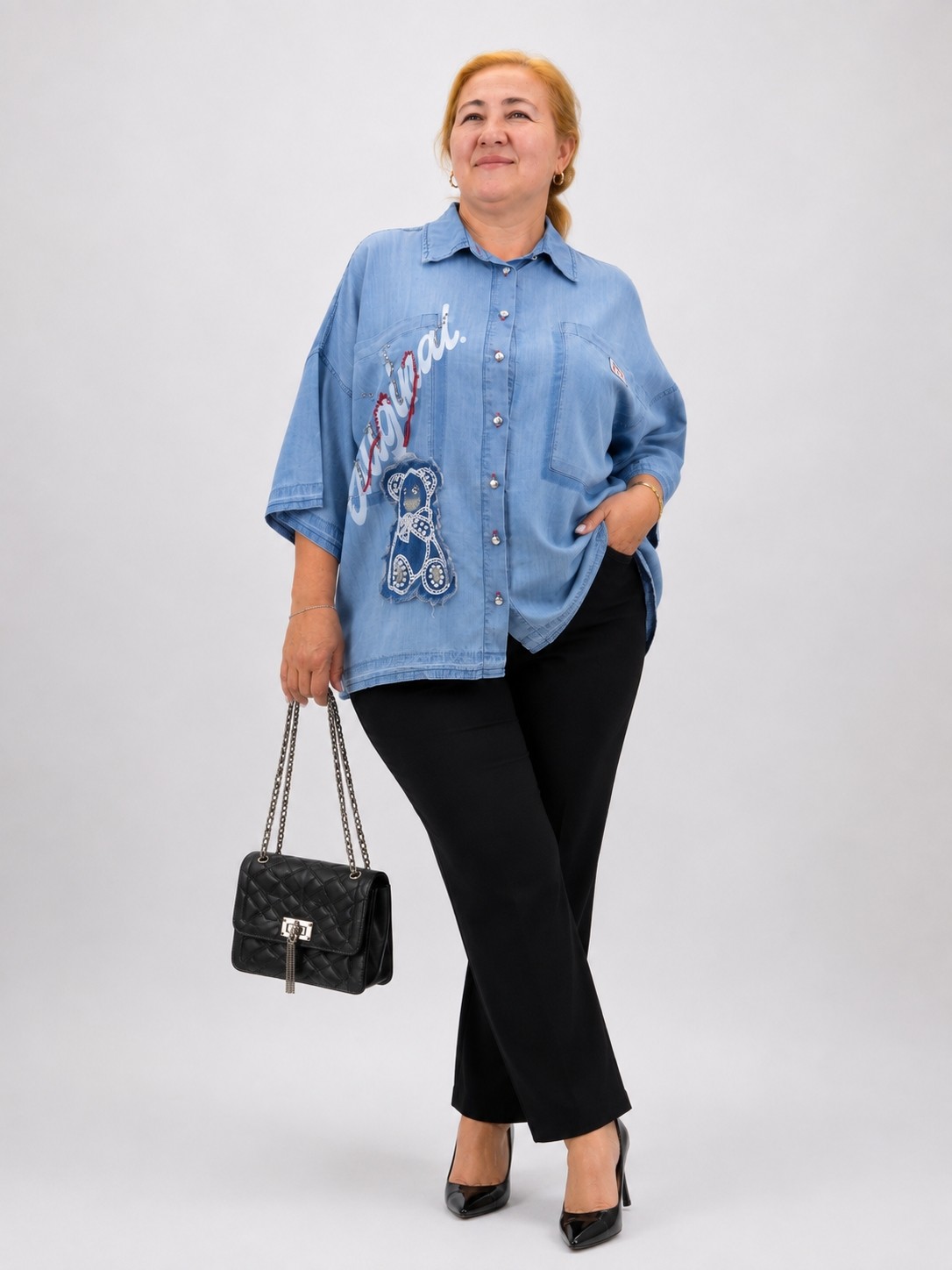 La Velina Büyük Beden Ayıcık Aplikeli Taş Detaylı Denim Tunik Gömlek
