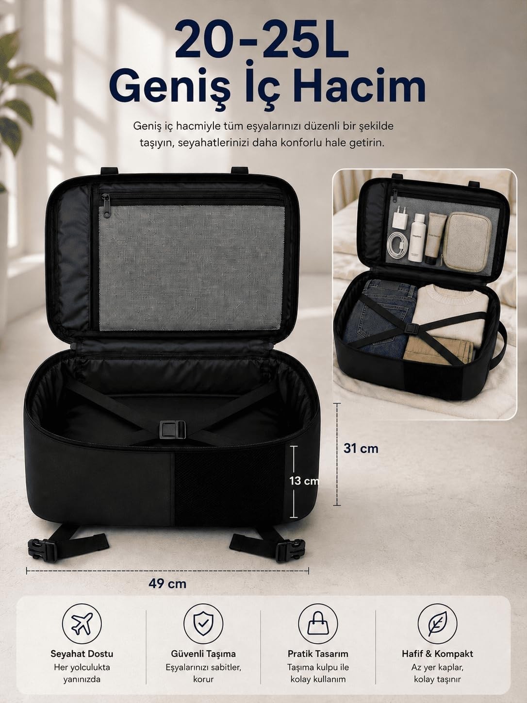 Die Grup Classone Xyz Serisi TR-100 Kabin Boy,uçak Içi, Ergonomik, Laptop ve Tablet Bölmeli, Seyahat, Valiz, 15-18 Inch Uyumlu Notebook, Laptop Sırt Çantası görsel 3