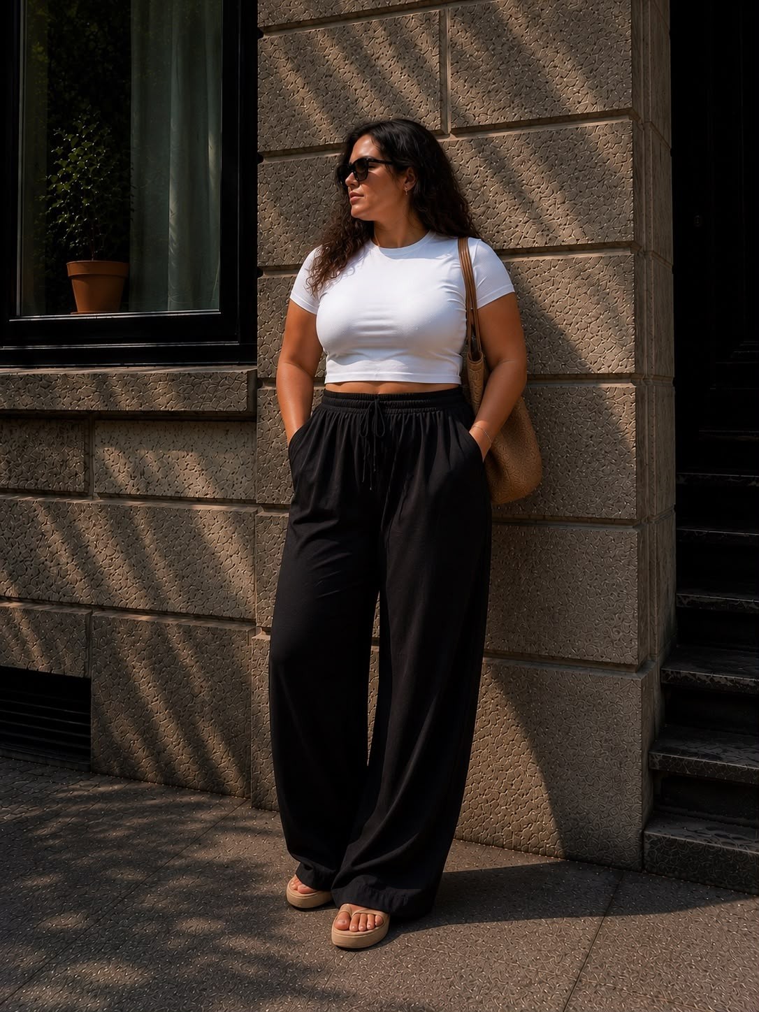 Butik Büyük Beden Yüksek Bel Lastikli Ipli Rahat Kesim Viskon Palazzo Pantolon