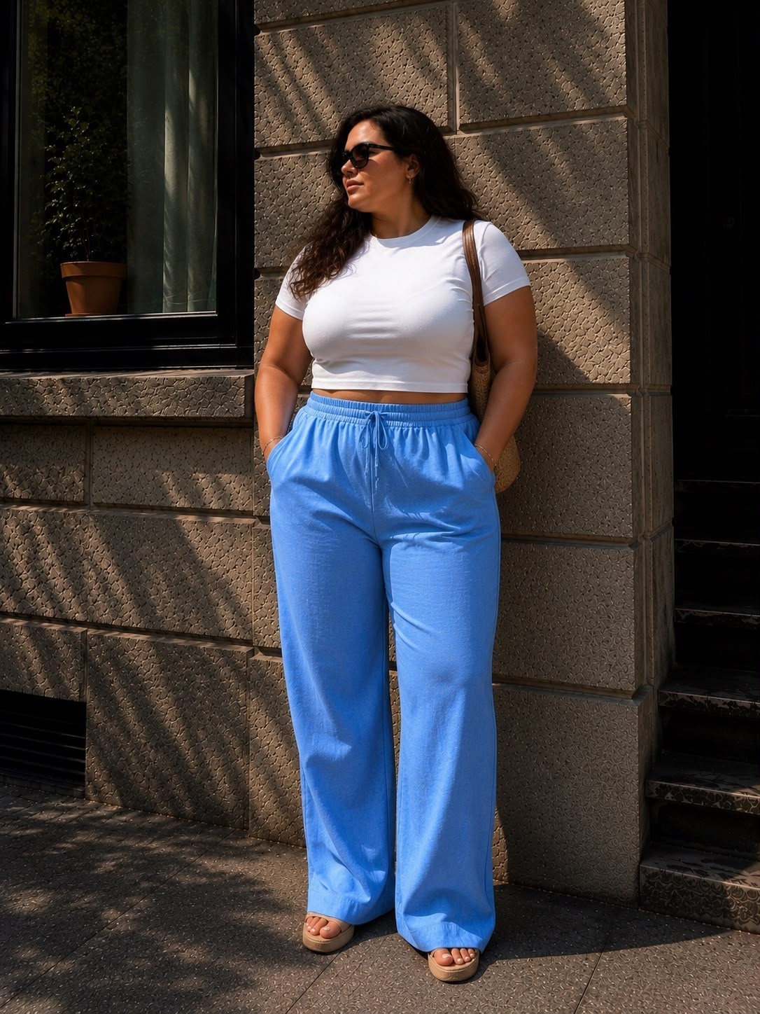 Butik Büyük Beden Yüksek Bel Lastikli Ipli Rahat Kesim Viskon Palazzo Pantolon görsel 8