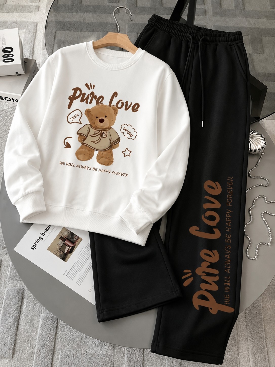 Macklin Unısex Kadın Erkek Pure Love Bisiklet Yaka Sweatshirt ve Baggy Eşofman Takımı görsel 8