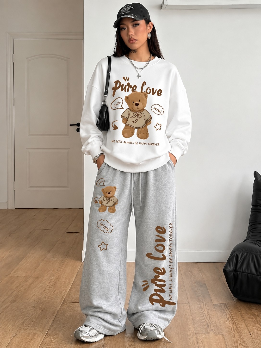 Macklin Unısex Kadın Erkek Pure Love Bisiklet Yaka Sweatshirt ve Baggy Eşofman Takımı görsel 5