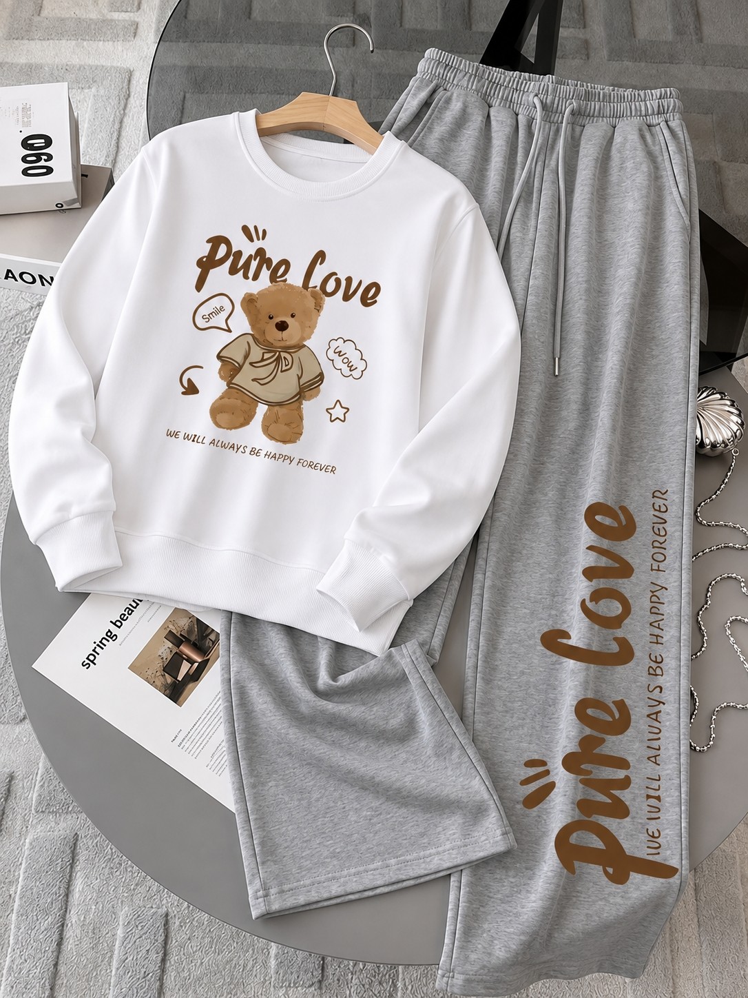 Macklin Unısex Kadın Erkek Pure Love Bisiklet Yaka Sweatshirt ve Baggy Eşofman Takımı görsel 6