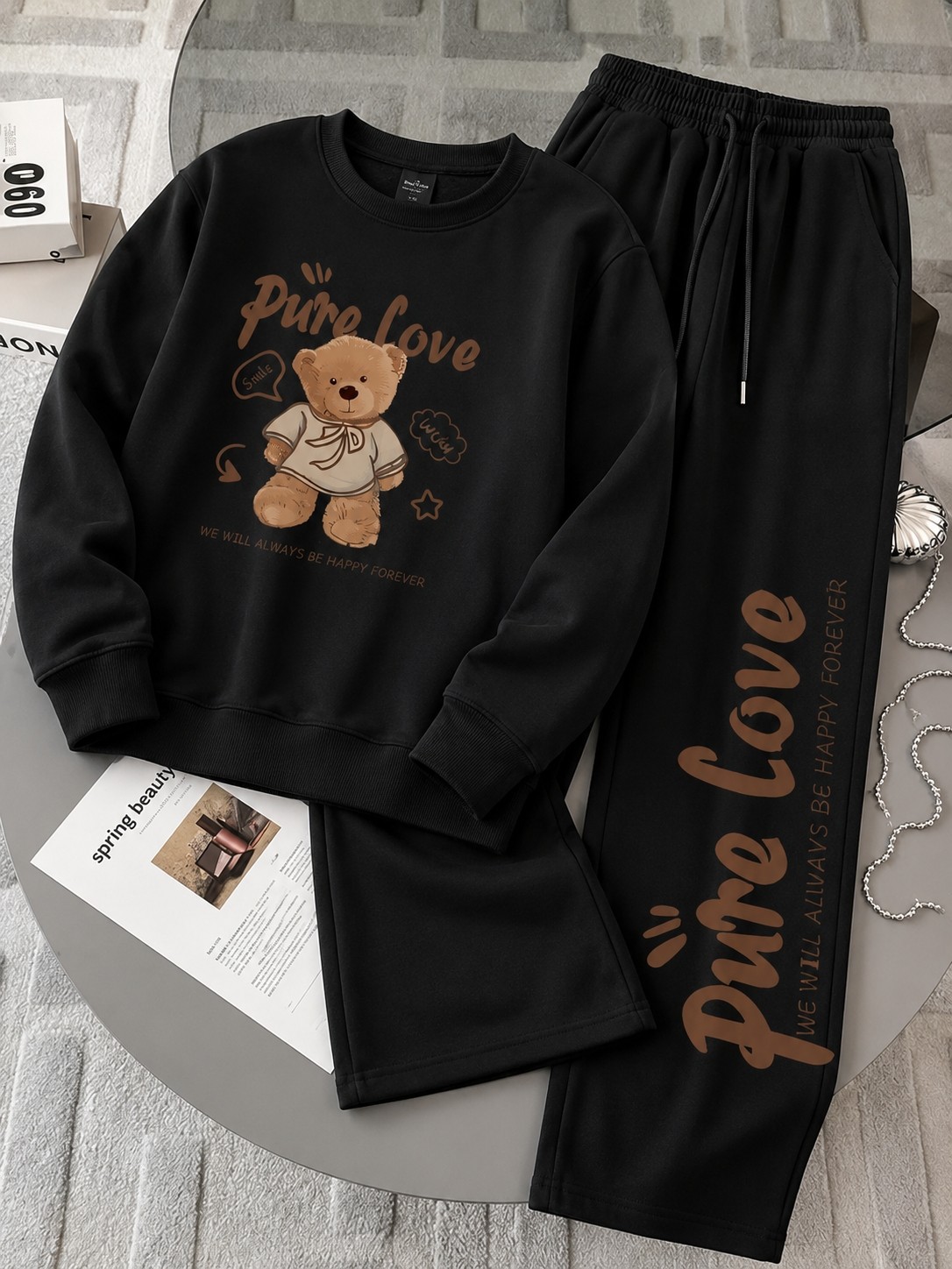Macklin Unısex Kadın Erkek Pure Love Bisiklet Yaka Sweatshirt ve Baggy Eşofman Takımı görsel 3